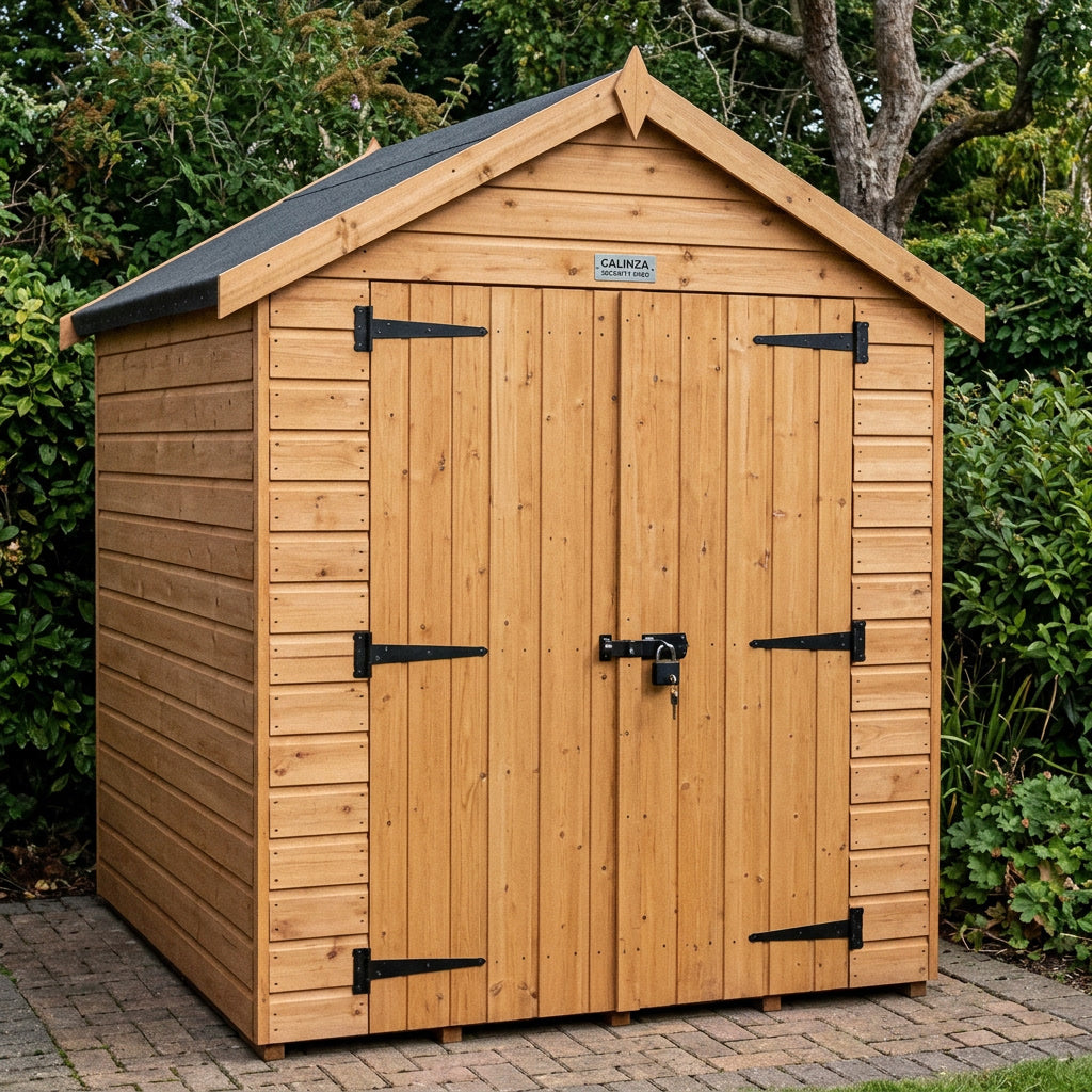 6x6 ft Lockable Security Shed with Apex Roof – Double Doors, 12mm Shiplap Redwood