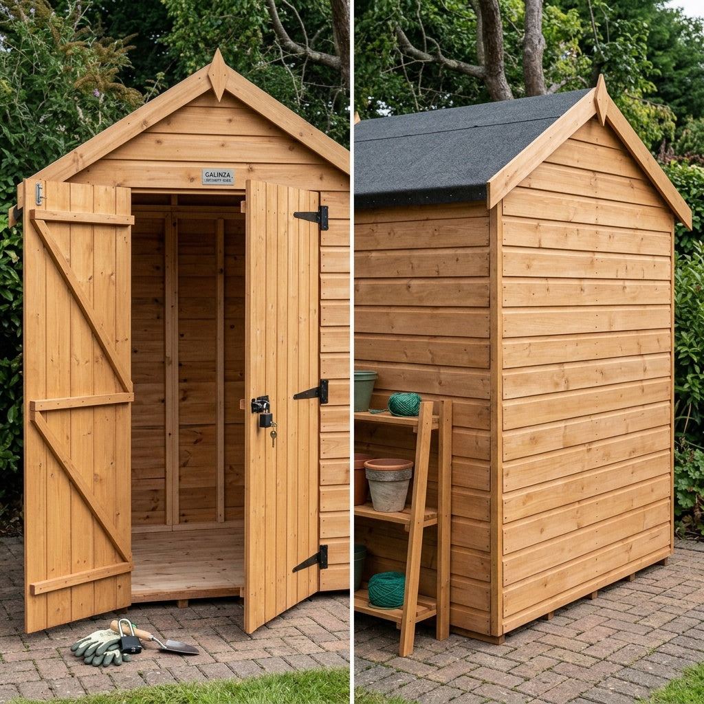 6x6 ft Lockable Security Shed with Apex Roof – Double Doors, 12mm Shiplap Redwood