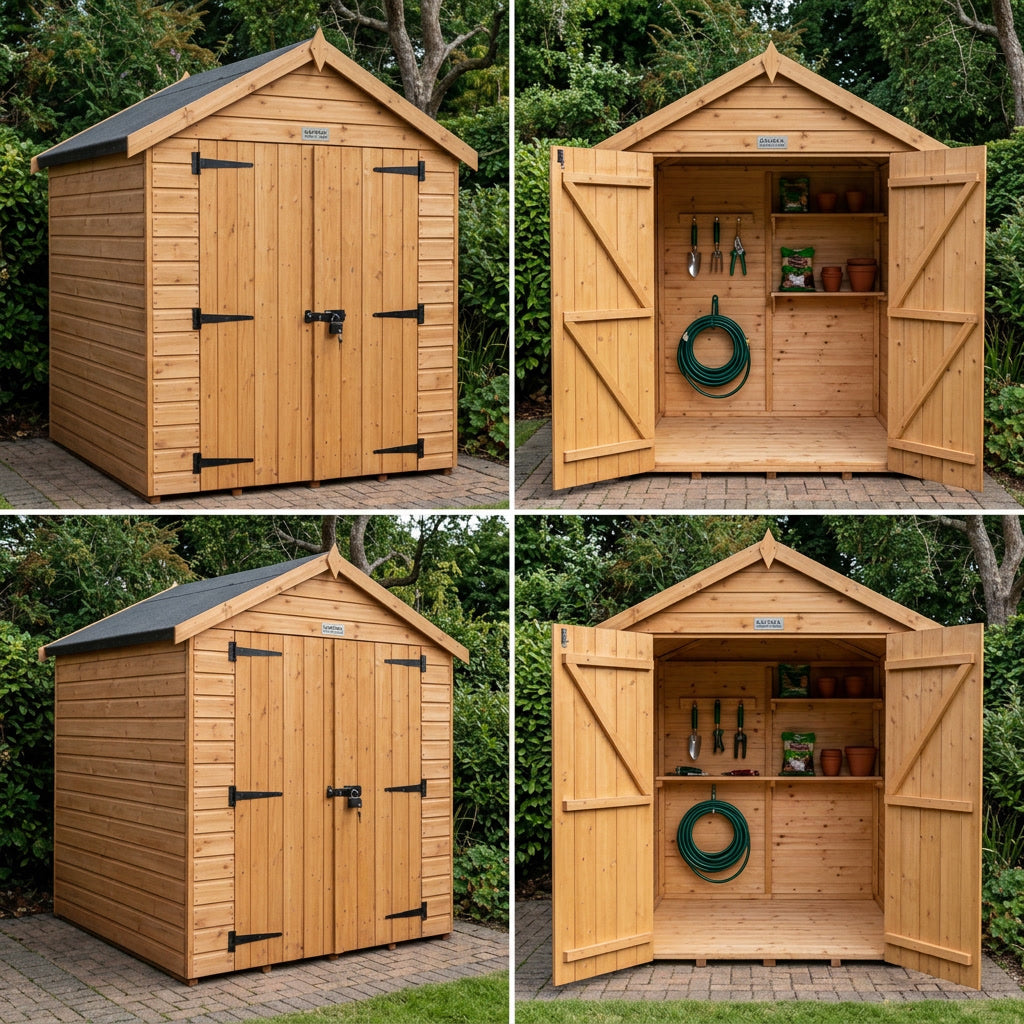 6x6 ft Lockable Security Shed with Apex Roof – Double Doors, 12mm Shiplap Redwood
