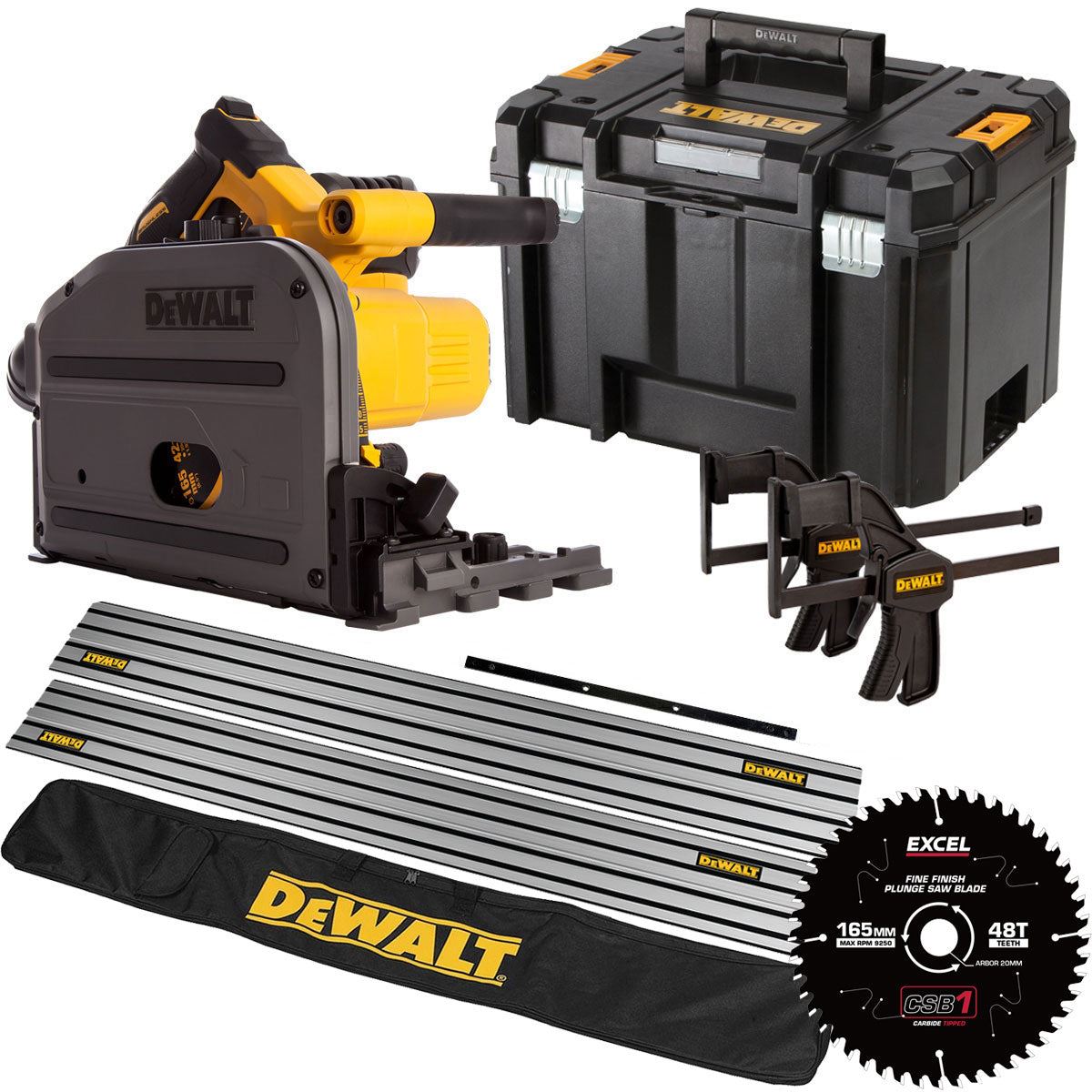 DCS520NT 54V XR Flexvolt Brushless 165mm Plunge Saw 2 x 1.5m Guide Rail Clamps with Blade & Case + Rail Bag