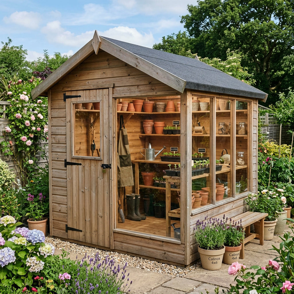 4x6 ft Apex Potting Shed with Shelving & Front and Side Windows – Scandinavian Redwood