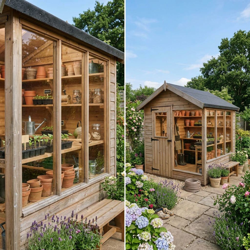 4x6 ft Apex Potting Shed with Shelving & Front and Side Windows – Scandinavian Redwood